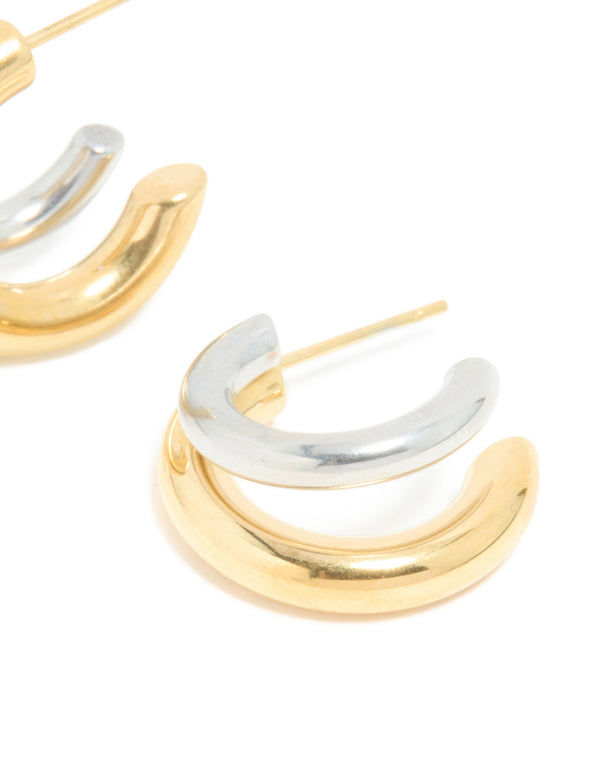 Waterproof Mixed Metal Plated Stainless Steel Double Illusion Hoop Earrings