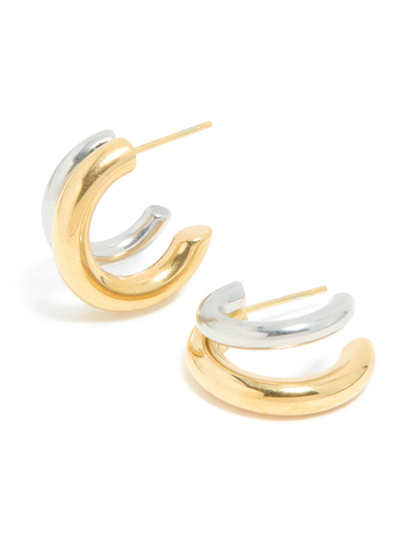 Waterproof Mixed Metal Plated Stainless Steel Double Illusion Hoop Earrings
