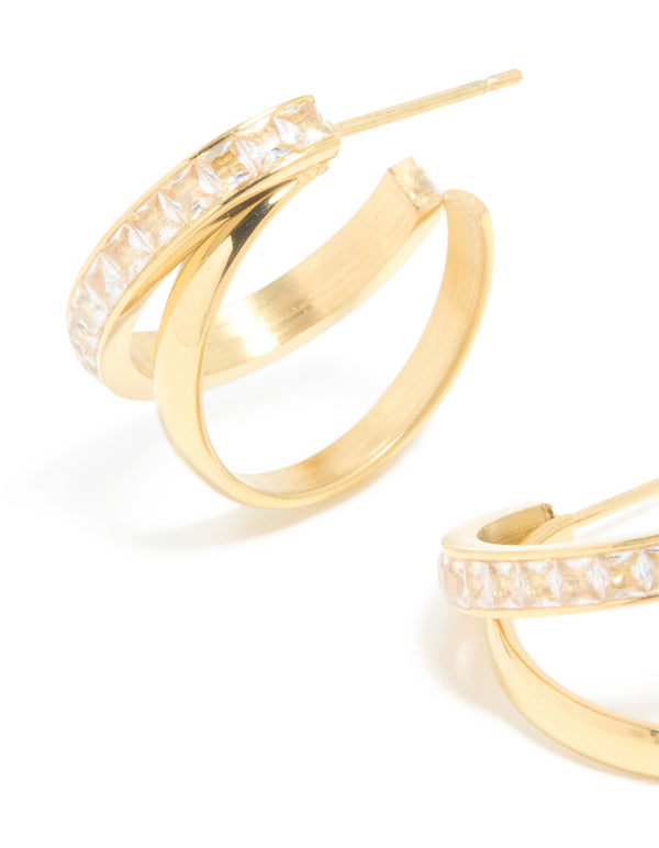 Waterproof Gold Plated Stainless Steel Cubic Zirconia Double Illusion Hoop Earrings