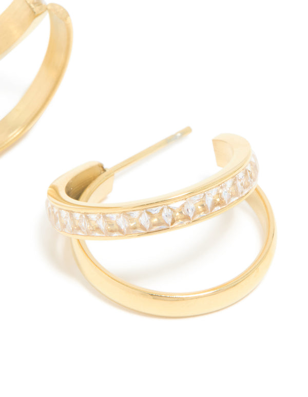 Waterproof Gold Plated Stainless Steel Cubic Zirconia Double Illusion Hoop Earrings