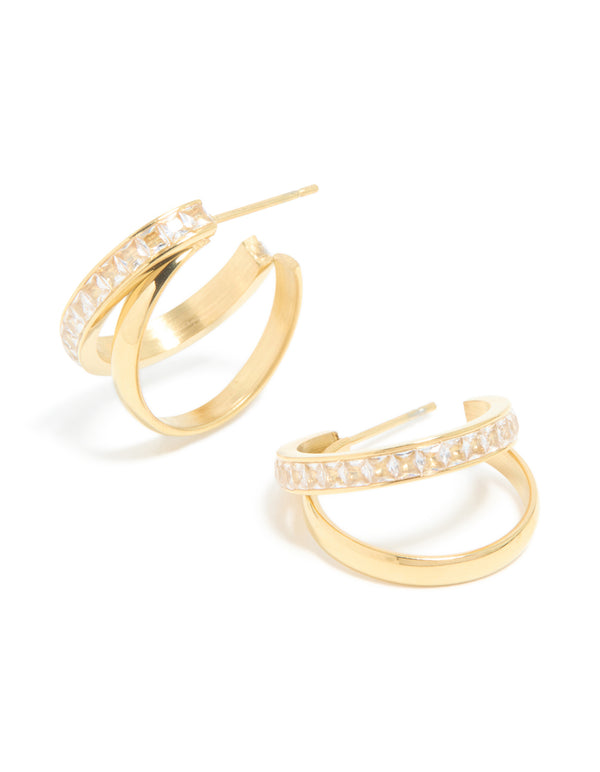 Waterproof Gold Plated Stainless Steel Cubic Zirconia Double Illusion Hoop Earrings