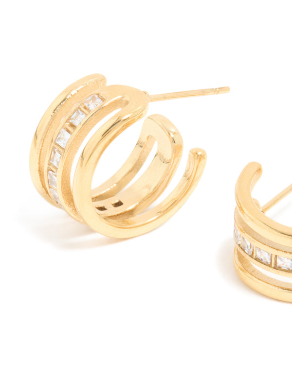 Waterproof Gold Plated Stainless Steel Cubic Zirconia Illusion Hoop Earrings