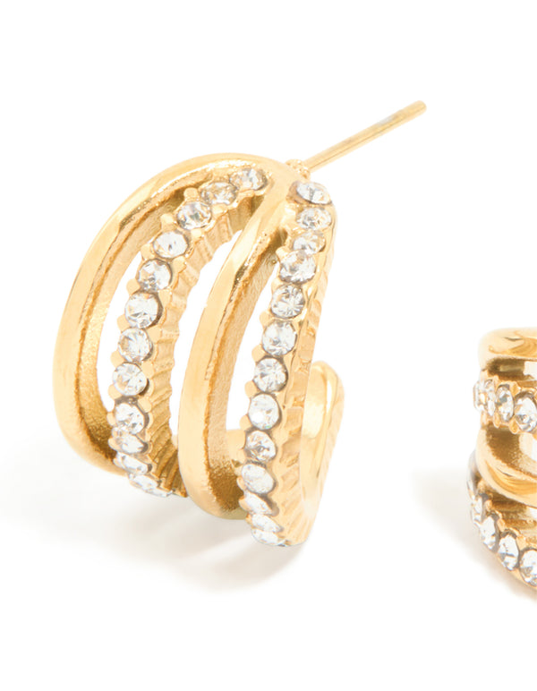 Highlighting waterproof gold plated stainless steel cubic zirconia pave 4-row illusion hoop earrings in statement style close up view