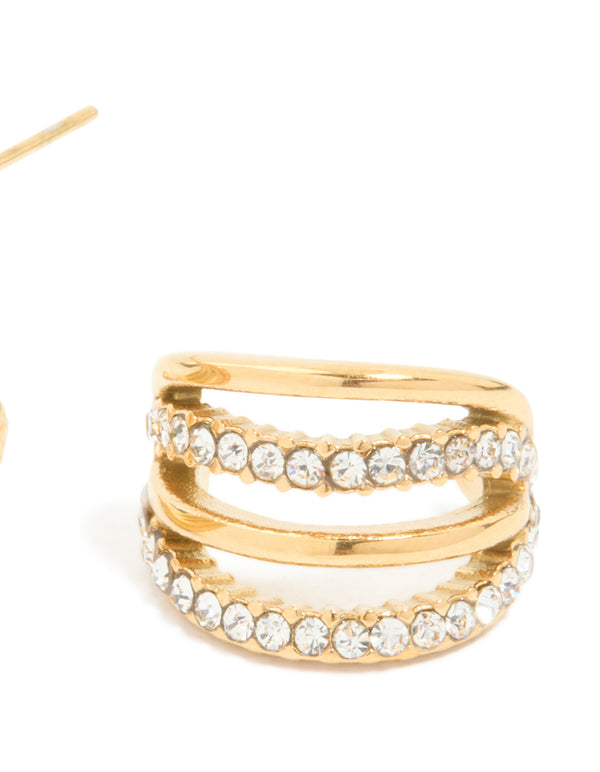 Displaying waterproof gold plated stainless steel cubic zirconia pave 4-row illusion hoop earrings with statement design post detail view