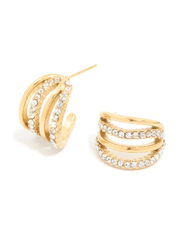 Featuring statement waterproof hoop earrings crafted from stainless steel with cubic zirconia pave in a 4-row illusion design front view