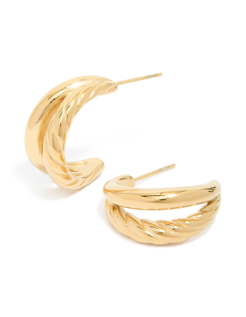 Featuring waterproof gold plated stainless steel ribbed illusion hoop earrings in gold front view