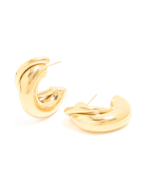 Showcasing waterproof gold plated stainless steel medium illusion hoop earrings with statement style front view
