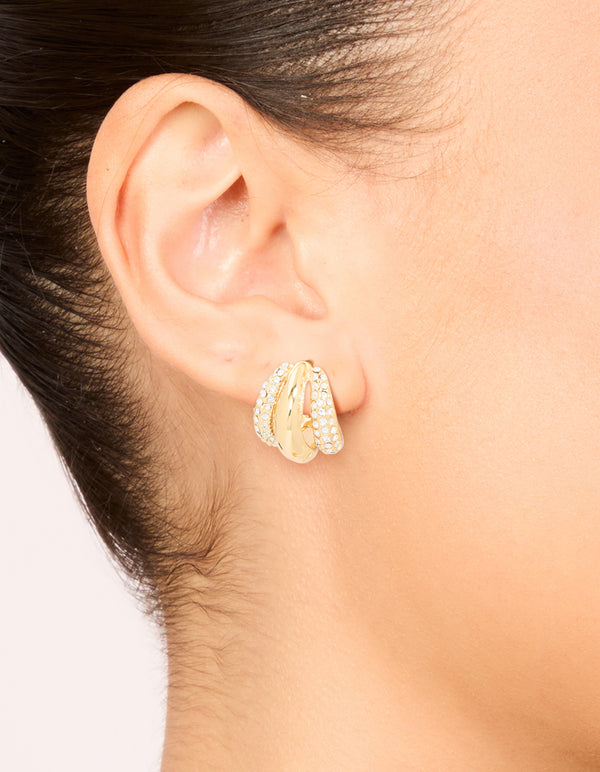 Featuring waterproof gold plated stainless steel diamante trio illusion hoop earrings with statement design on ear view