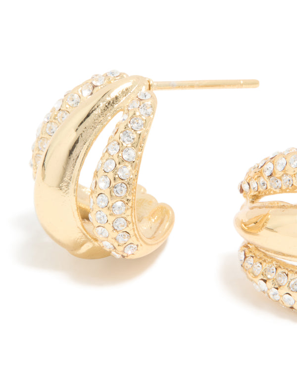 Highlighting waterproof gold plated stainless steel diamante trio illusion hoop earrings with statement design and clear accents close up view
