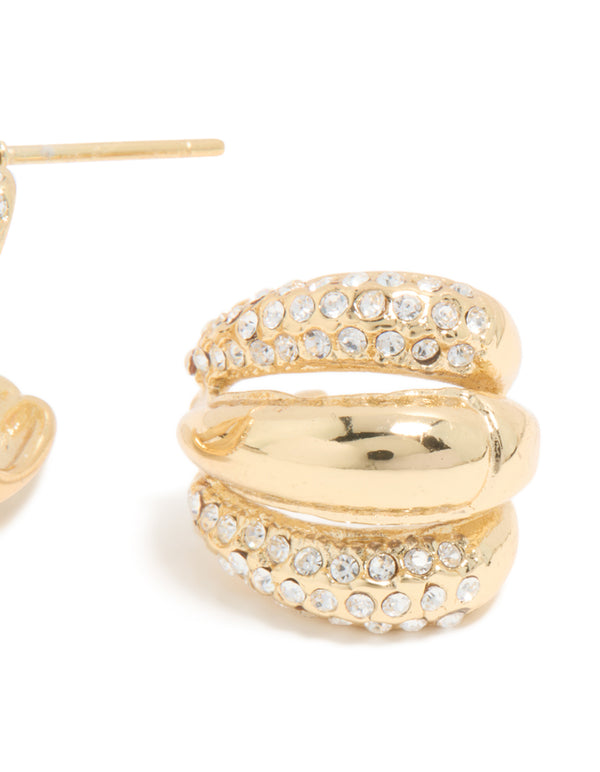 Revealing waterproof gold plated stainless steel diamante trio illusion hoop earrings with clear statement details post detail view