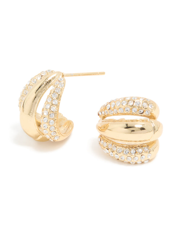 Showcasing waterproof statement hoop earrings crafted from gold plated stainless steel featuring diamante trio illusion design with clear accents front view