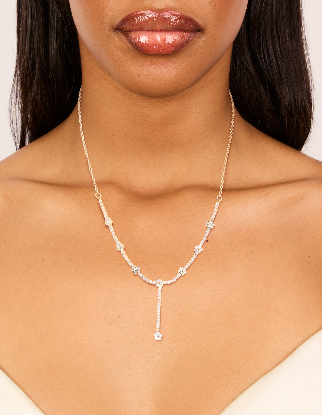 Gold Cubic Zirconia Floral Y-Necklace