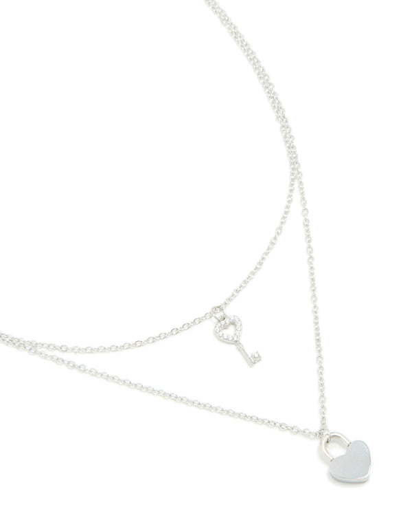 Waterproof Stainless Steel Key & Heart Lock Layered Necklace