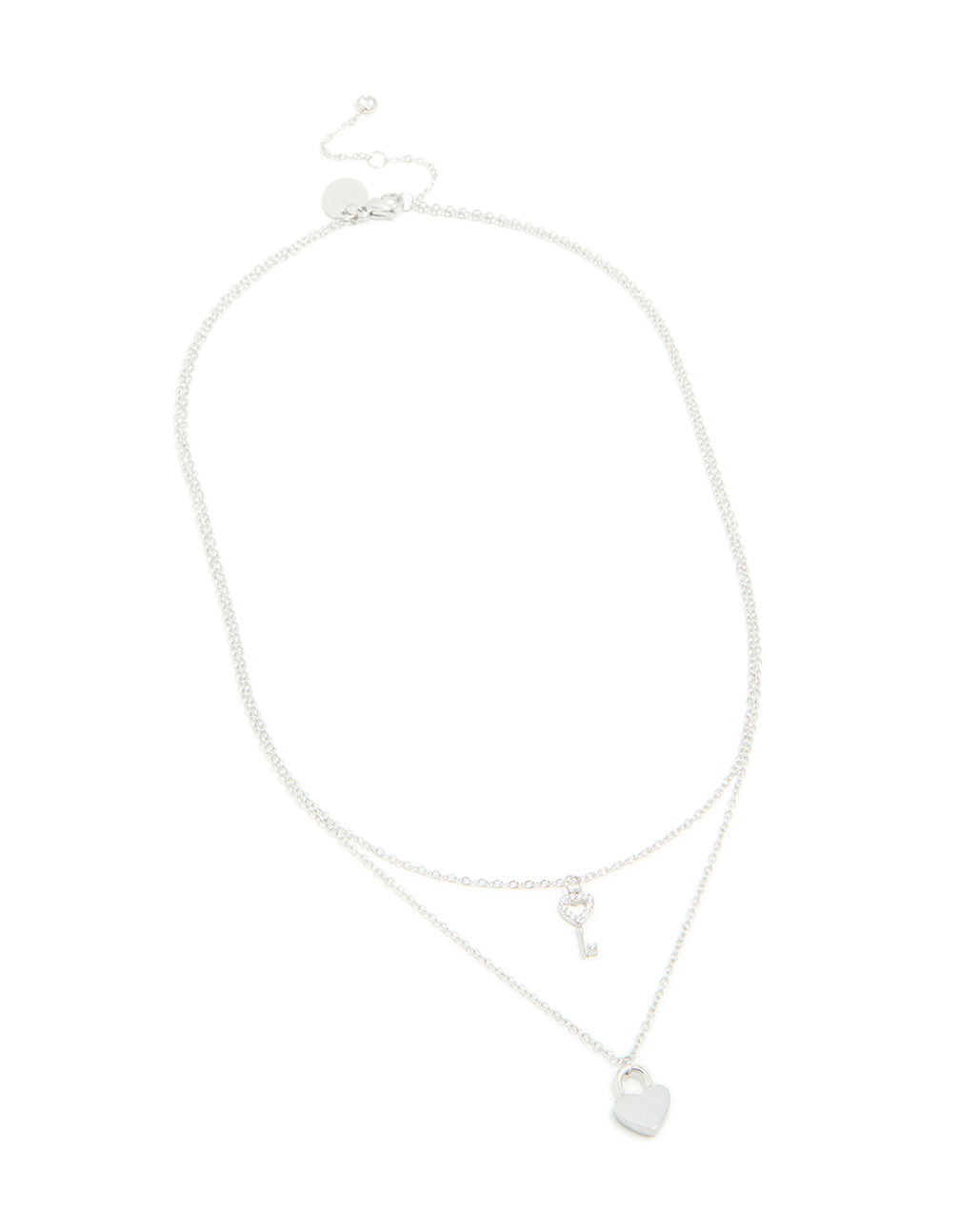 Designed with key & heart and padlock pendant crafted from waterproof stainless steel in silver front view