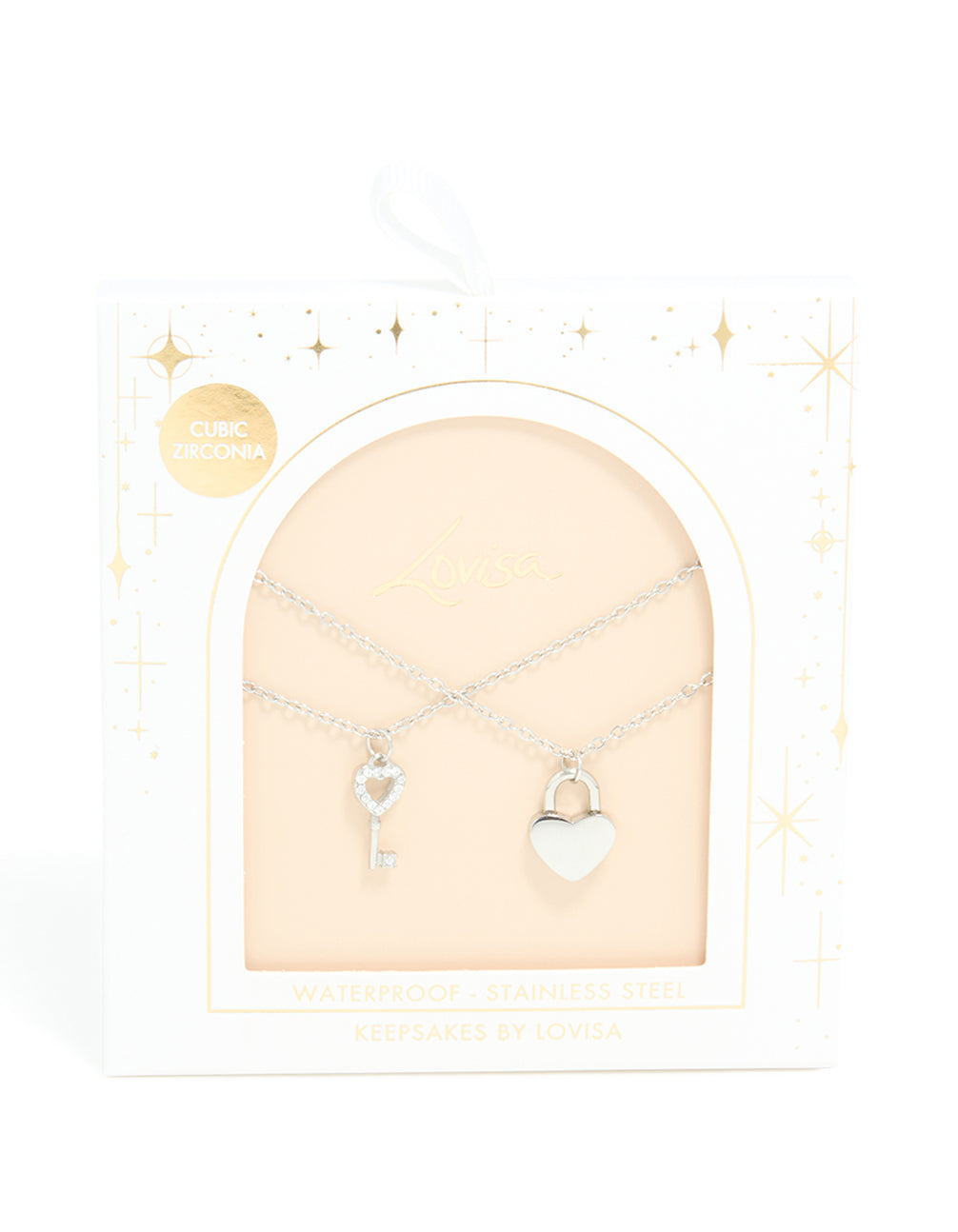 A waterproof stainless steel key and heart lock layered necklace with padlock pendant in silver on neck view