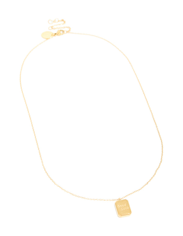 Featuring a waterproof good luck pendant necklace in gold plated stainless steel with script detailing designed as dainty jewelry front view