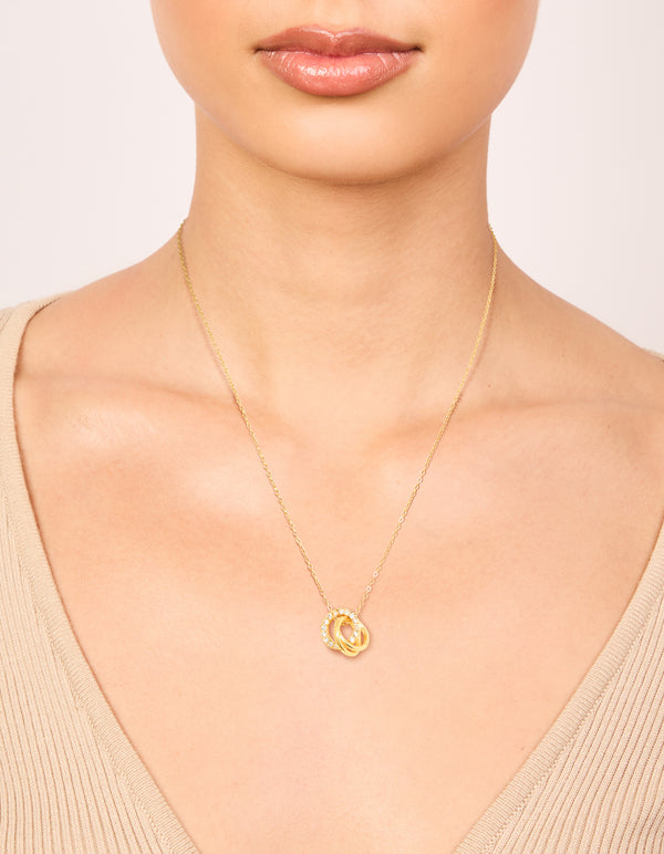 Waterproof Gold Plated Stainless Steel Cubic Zirconia Triple Circle Link Necklace