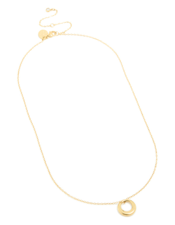 Crafted from waterproof gold plated stainless steel with disc pendant front view