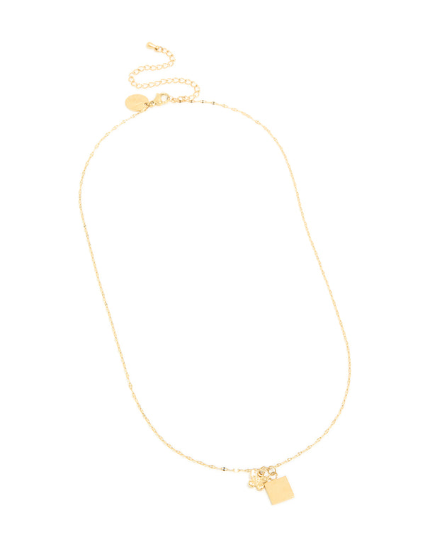 Waterproof Gold Plated Stainless Steel Square & Butterfly Pendant Necklace