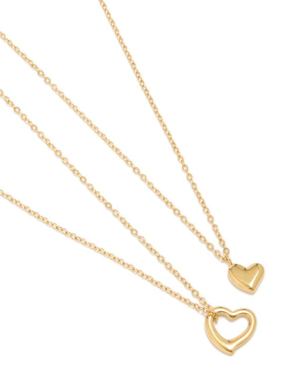 Waterproof Gold Plated Stainless Steel Cut Out Heart & Solid Heart Necklaces 2-Pack