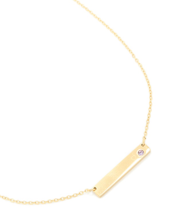 Close look at gold plated stainless steel bar necklace with waterproof cubic zirconia dainty pendant close up view