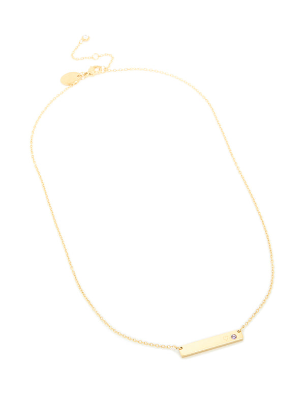 Waterproof gold plated stainless steel cubic zirconia bar necklace with dainty pendant front view
