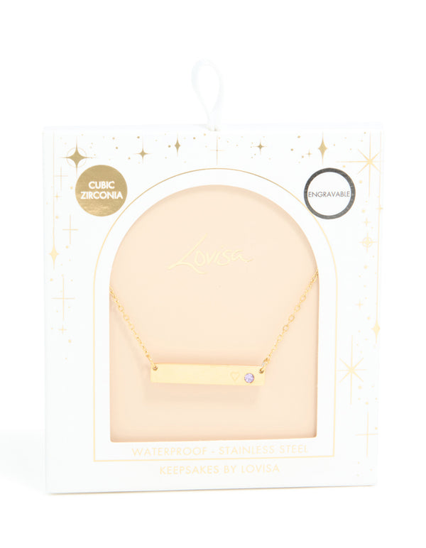 Close look at gold plated stainless steel bar necklace with waterproof cubic zirconia dainty pendant close up view