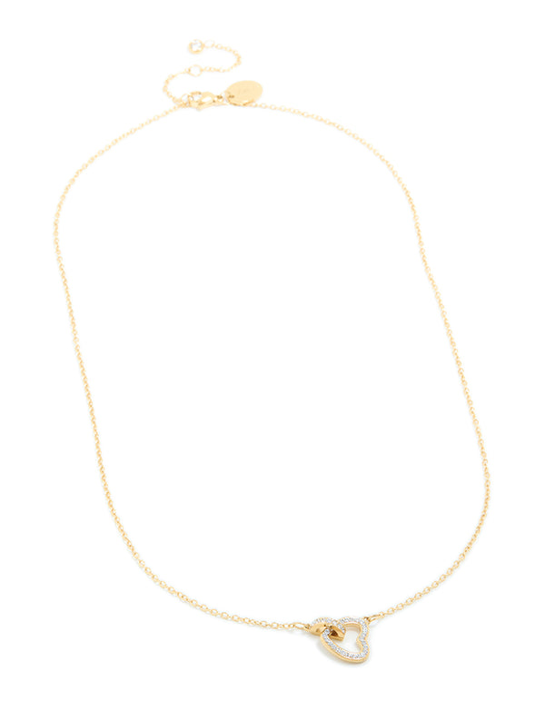 Discover a waterproof gold plated stainless steel hollow heart necklace with cubic zirconia pendant front view