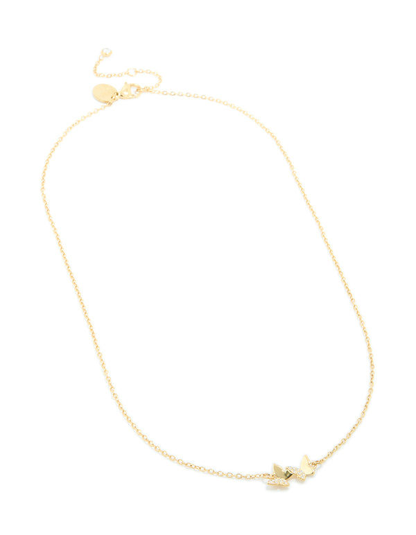 Featuring a waterproof butterfly pendant necklace in gold plated stainless steel with cubic zirconia and dainty aesthetics front view