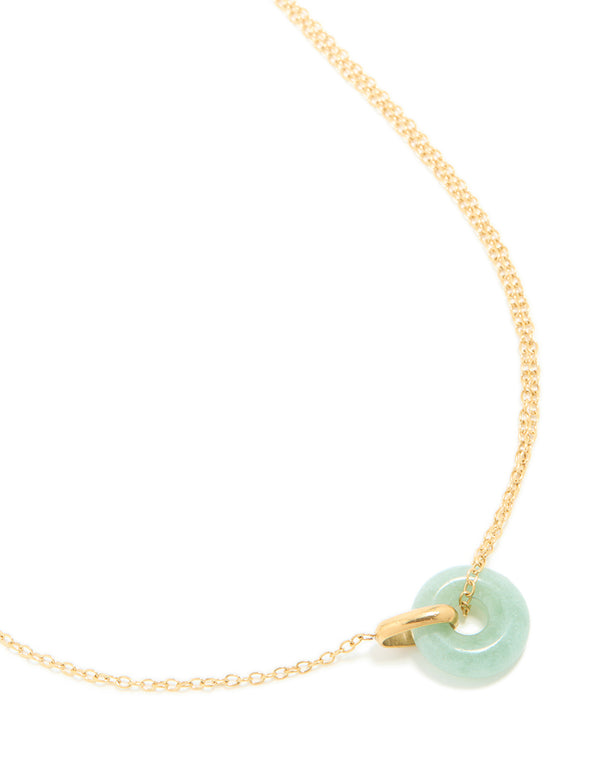 Discover a waterproof green acrylic doughnut necklace with gold plated stainless steel pendant close up view