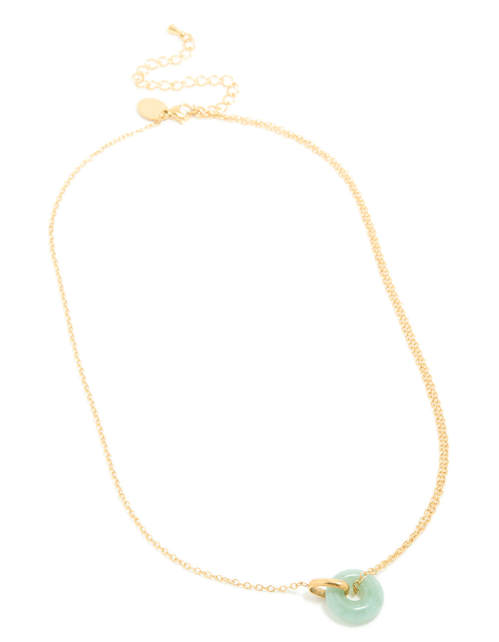 Designed with waterproof green acrylic doughnut necklace in gold plated stainless steel featuring pendant front view