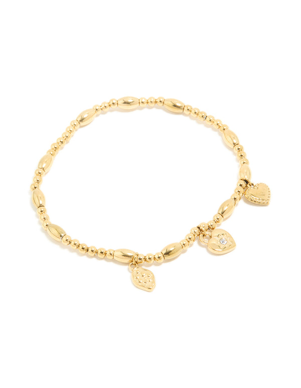 Beautifully designed waterproof gold-plated stainless steel stretch bracelet featuring a triple heart, beaded, padlock, and charm design front view