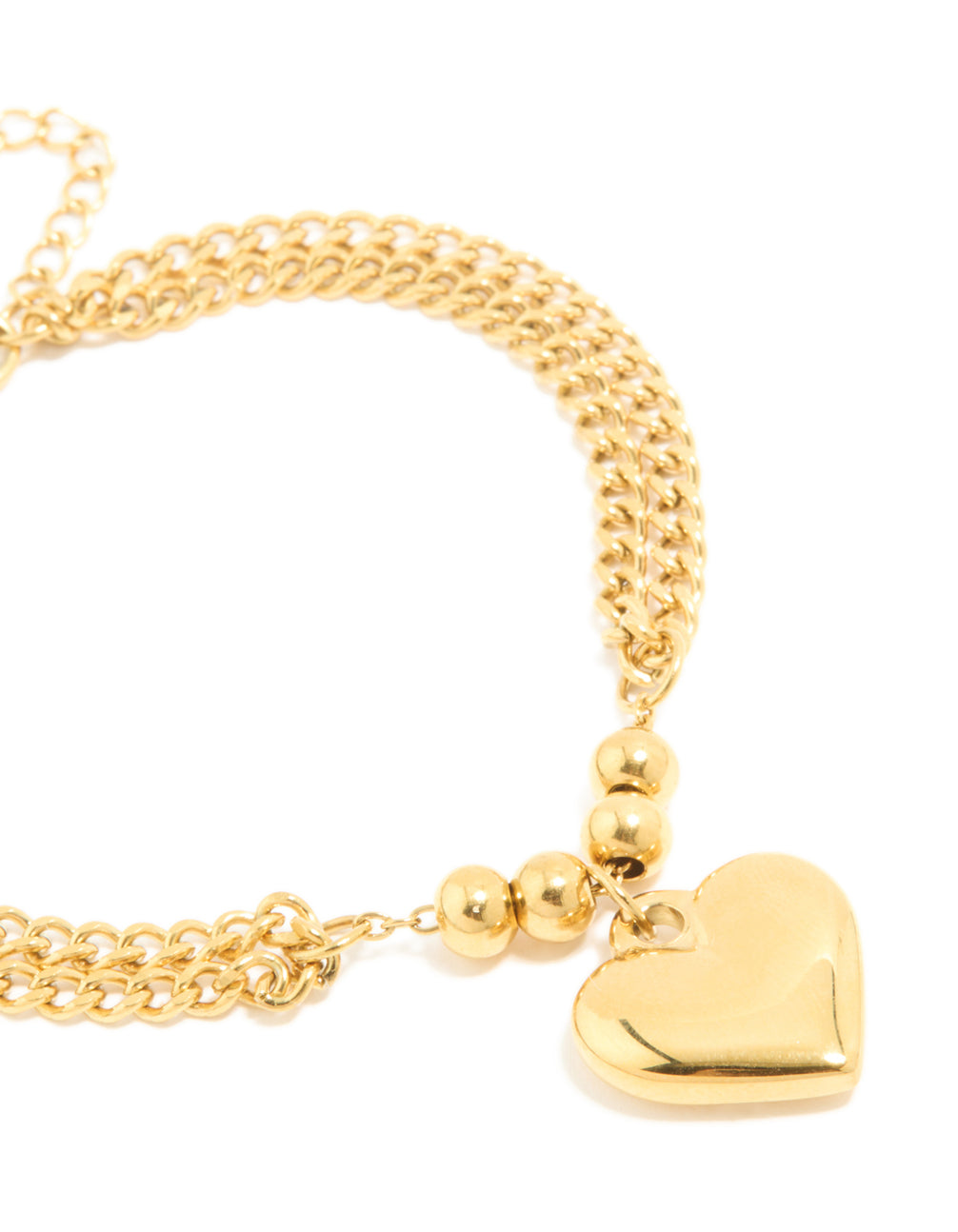 Displaying a waterproof gold plated stainless steel heart double row bracelet with beads close up view