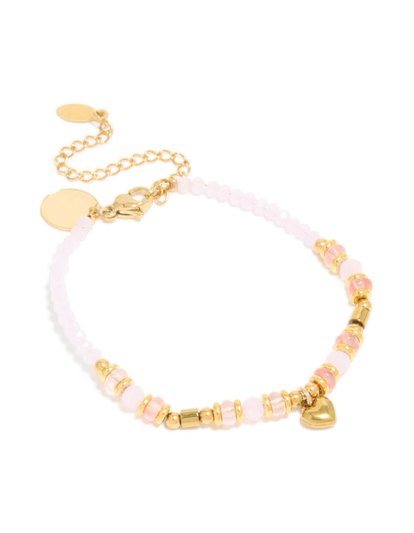 Discover waterproof gold plated stainless steel rose quartz semi precious mini heart bracelet featuring beads, charm, and dainty design front view