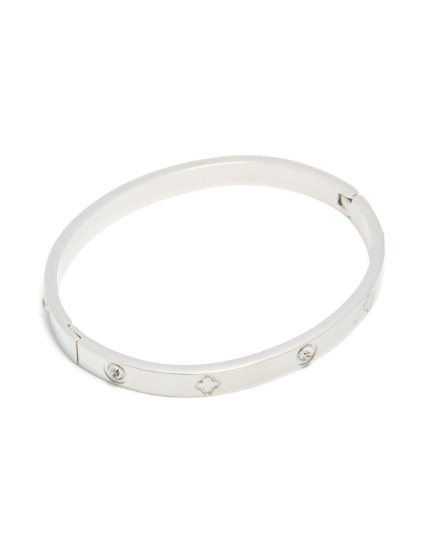 Elegant waterproof stainless steel cubic zirconia flower bangle in silver front view
