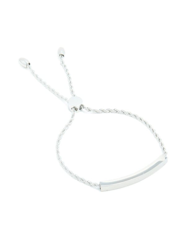 Featuring a waterproof stainless steel twisted engravable toggle bracelet with bar detailing in silver front view