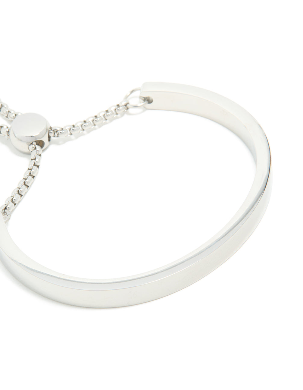 Presenting a waterproof adjustable toggle bangle crafted from stainless steel in silver close up view