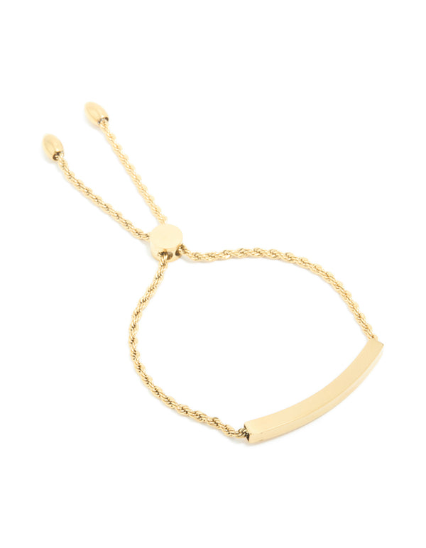 Crafted from waterproof gold plated stainless steel, this twist engravable bar toggle bracelet front view