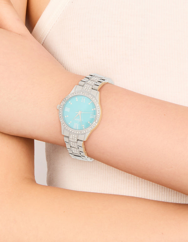 Silver Diamante Roman Numeral Blue Faced Watch