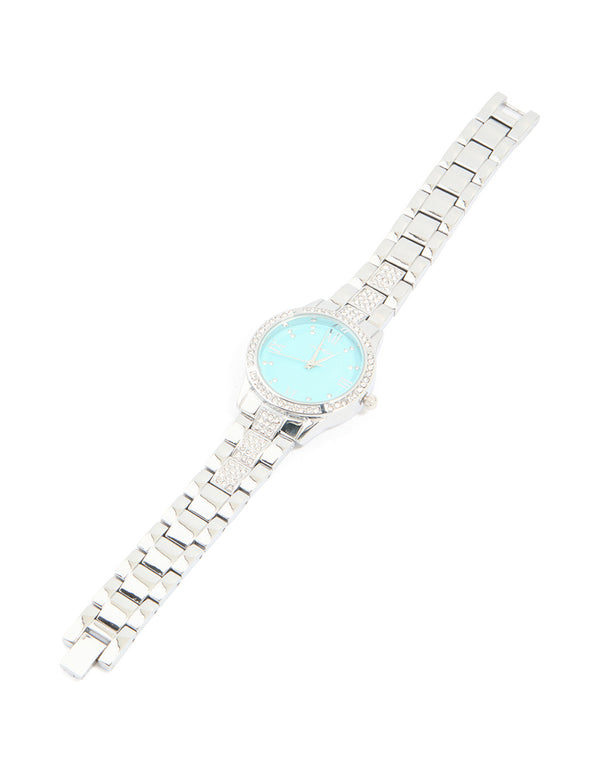 Silver Diamante Roman Numeral Blue Faced Watch