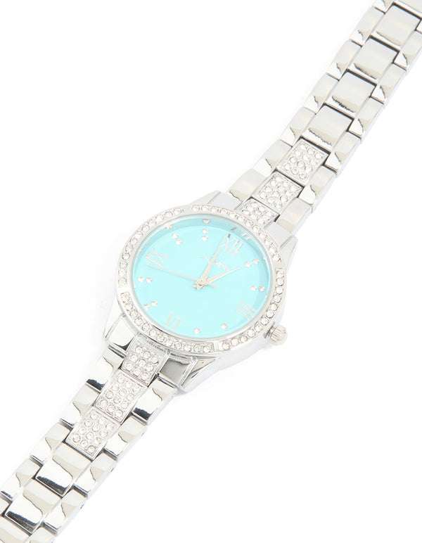 Silver Diamante Roman Numeral Blue Faced Watch