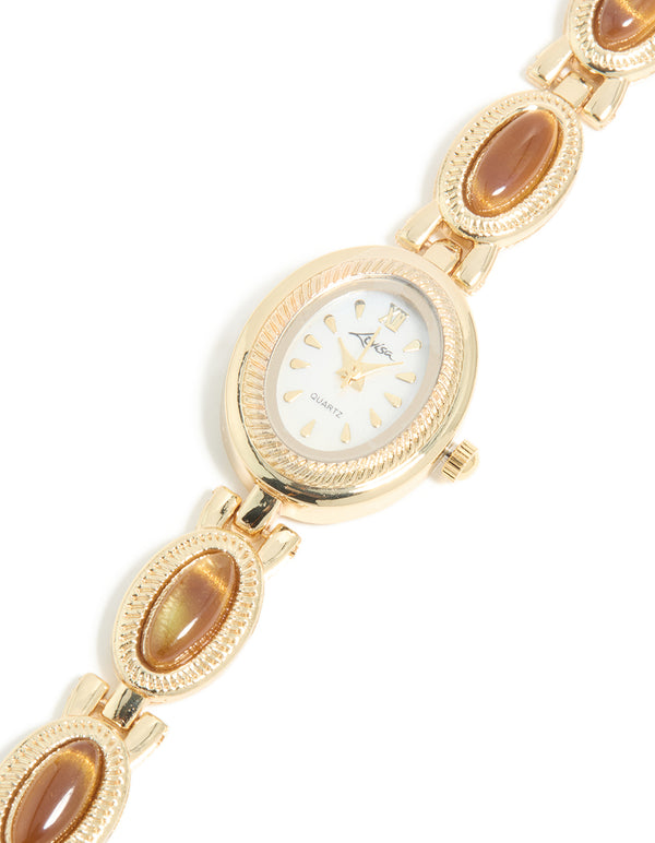Gold Tigers Eye Semi Precious Stone Band Watch