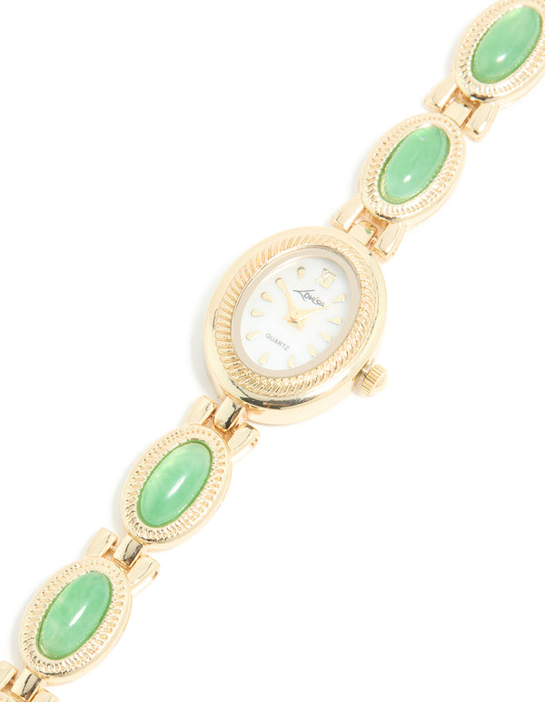 Gold Green Semi Precious Stone Band Watch