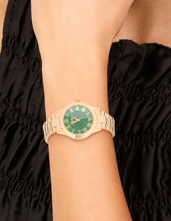 Gold Green Face Classic Round Roman Numeral Watch