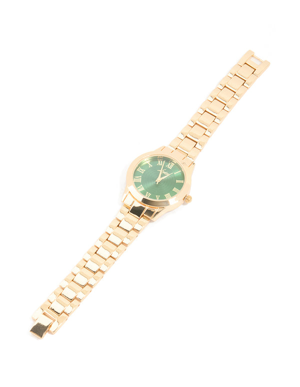 Gold Green Face Classic Round Roman Numeral Watch