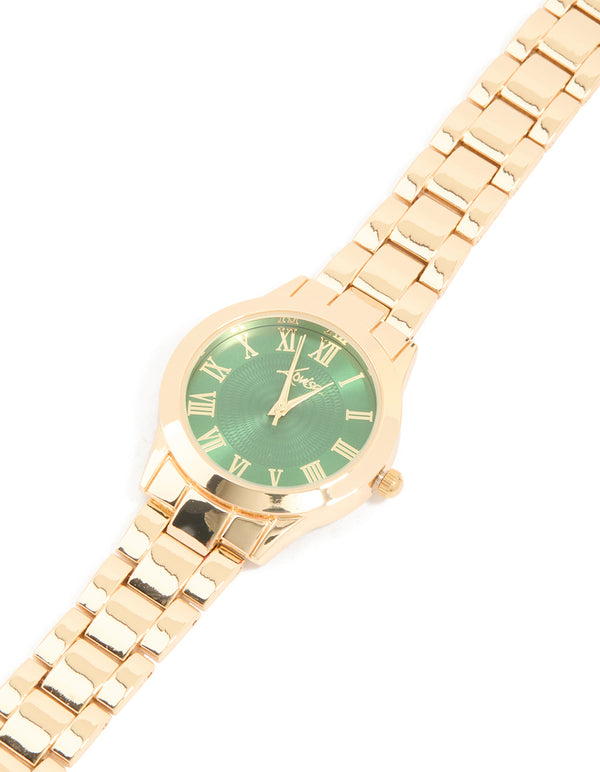 Gold Green Face Classic Round Roman Numeral Watch