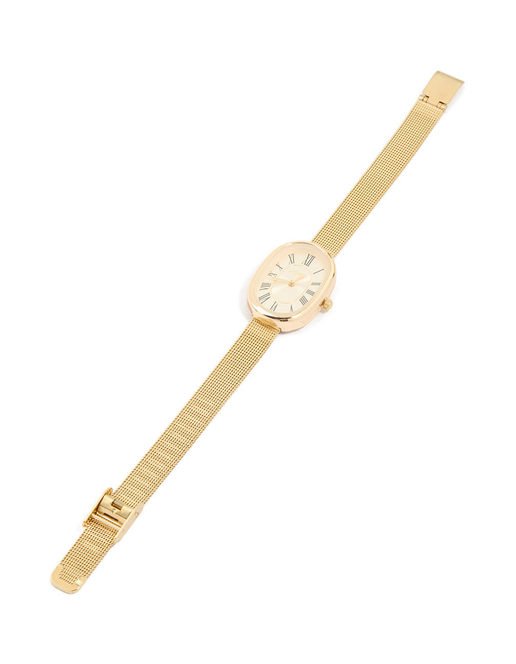 Presenting a gold vintage mesh oval face watch with beige dial roman numerals designed for women featuring formal analog styling front view
