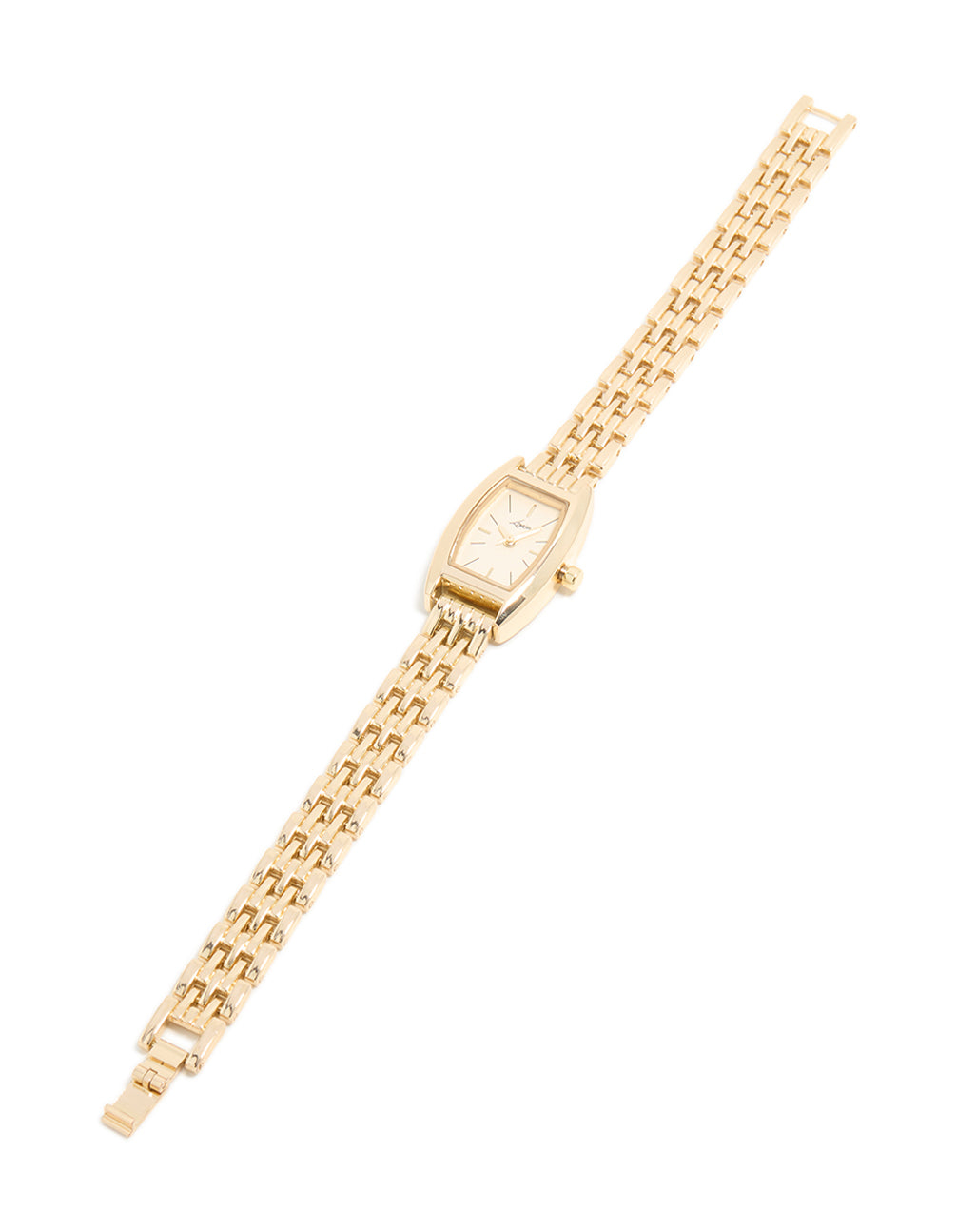 Stunning gold mini analog watch with white dial, link band strap, designed for women and formal occasions front view
