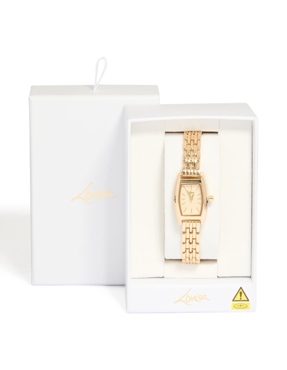 Beautiful gold mini analog watch with white dial, link band strap, designed for women and formal occasions, shown in packaging case detail view