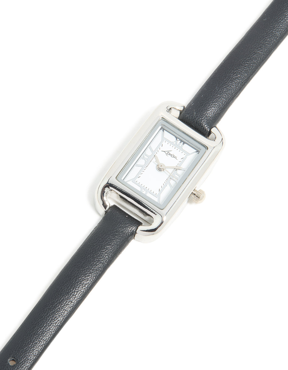 Elegant women's mini loop watch with roman featuring white dial, rectangle shape, analog display, casual style, PU leather strap in black and silver color watch face detail view